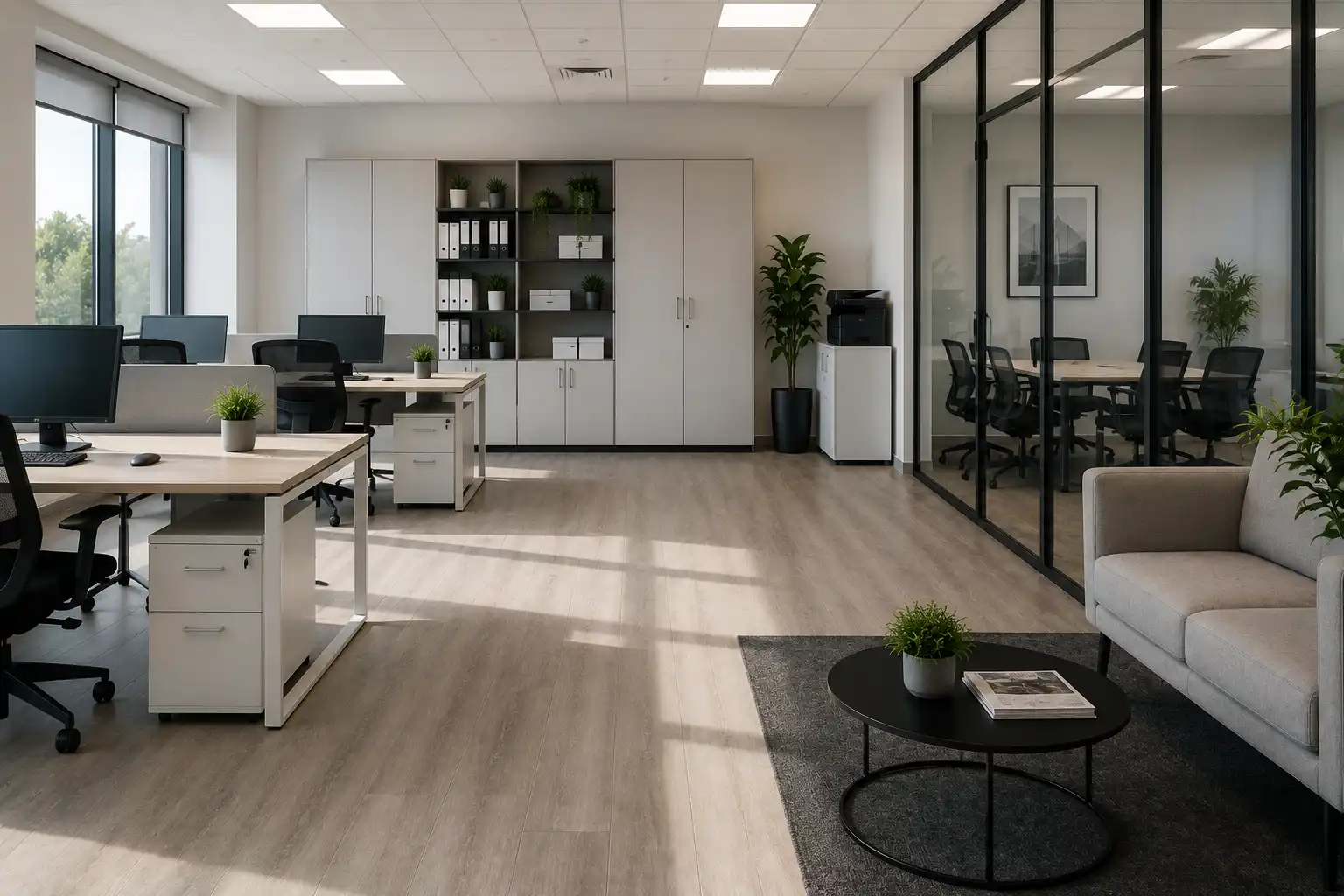 Espace de bureaux moderne parfaitement entretenu après une prestation de nettoyage professionnel réalisée par Pureté Provence à Salon-de-Provence.