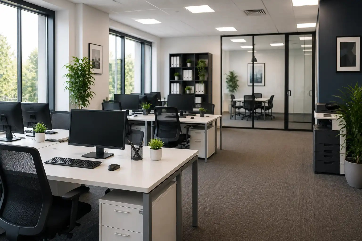 Open space moderne parfaitement entretenu après une prestation de nettoyage de bureaux réalisée par Pureté Provence à Salon-de-Provence.