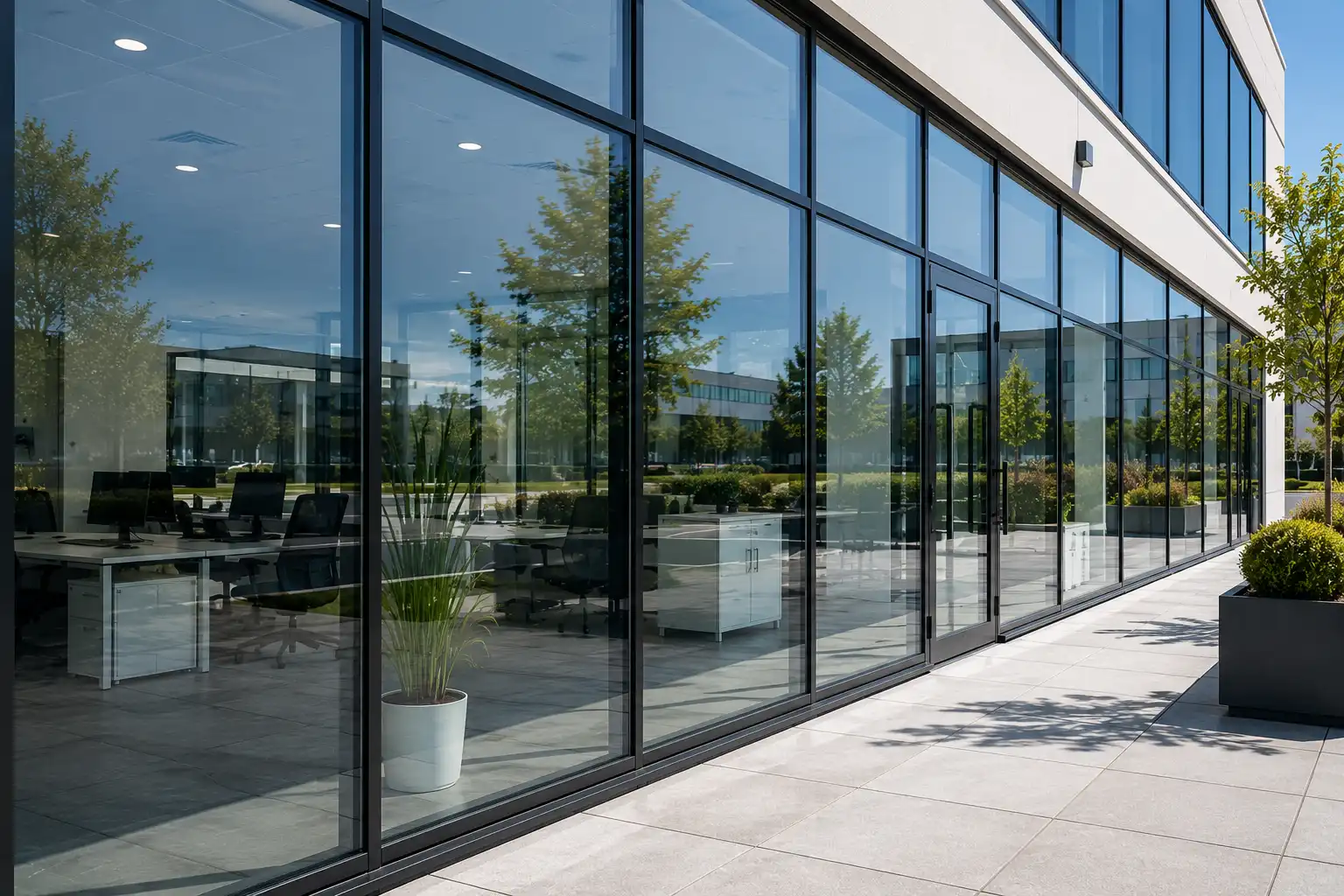 Grandes baies vitrées d'un immeuble de bureaux nettoyées par Pureté Provence à Salon-de-Provence.