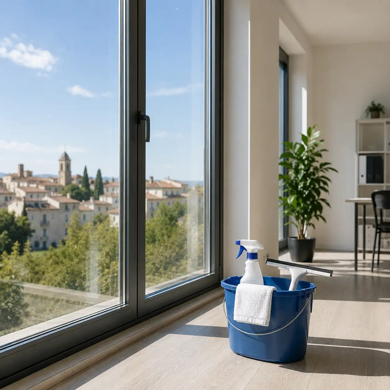 Baie vitrée propre après une prestation de lavage de vitres réalisée par Pureté Provence à Salon-de-Provence.
