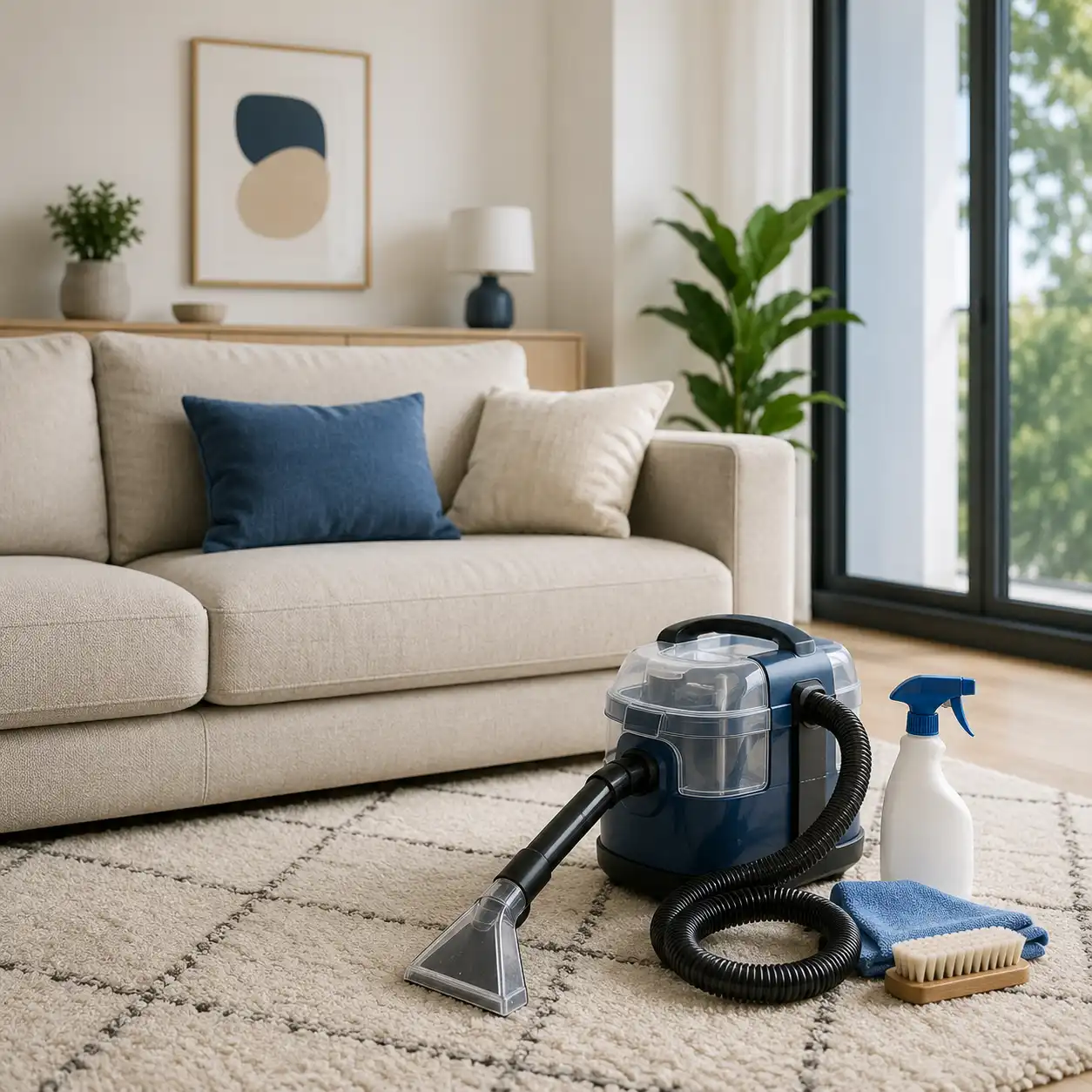 Canapé et tapis après une prestation de nettoyage de textiles réalisée par Pureté Provence à Salon-de-Provence.
