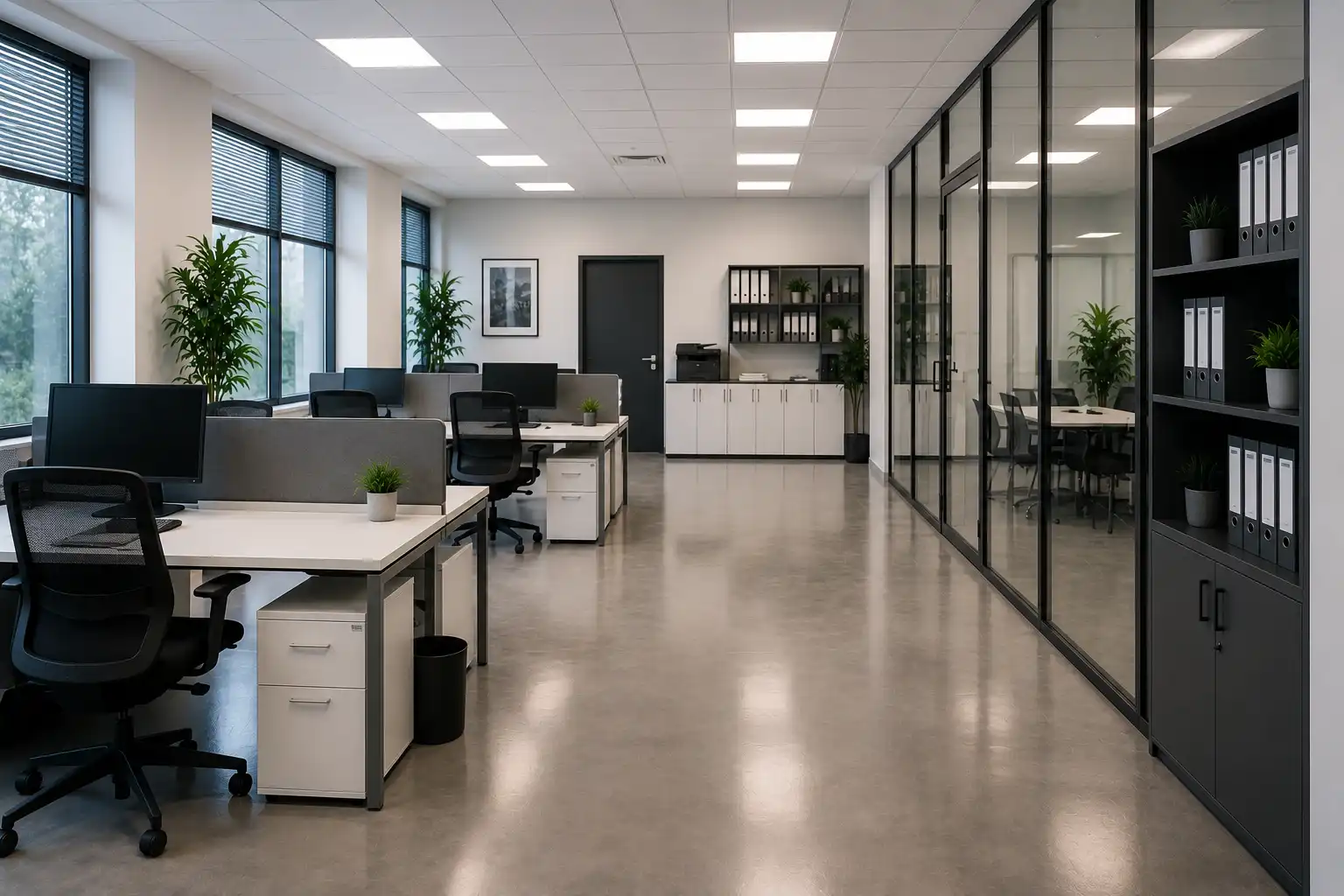 Open space moderne propre et parfaitement entretenu après une prestation de nettoyage professionnel réalisée par Pureté Provence à Salon-de-Provence.
