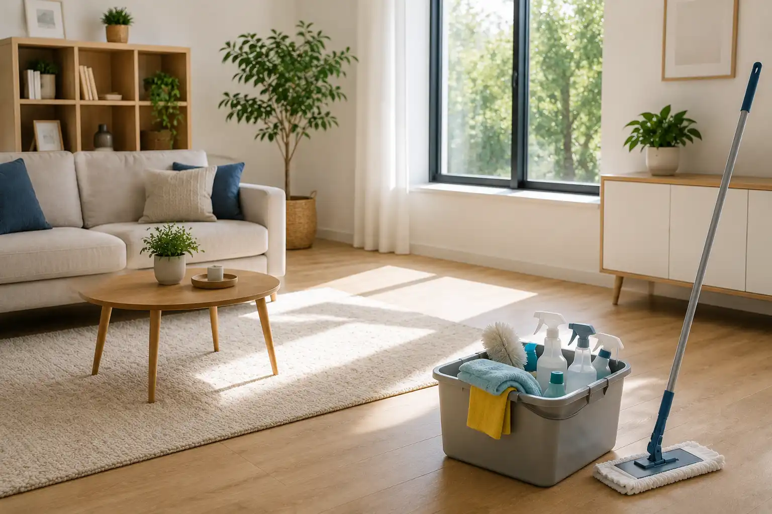 Salon moderne parfaitement entretenu avec matériel de ménage professionnel, illustrant un service de nettoyage à domicile à Salon-de-Provence.